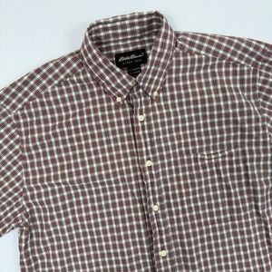 Eddie Bauer Mens Medium Plaid Short Sleeve Button Down Shirt Burgundy Cotton